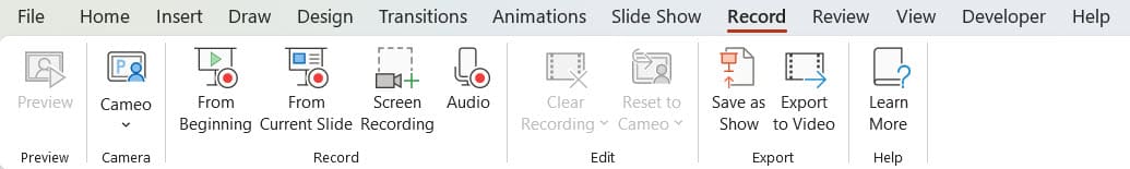 2_PPTRecordTab Guide to Descript: How to Quickly Record and Edit Online Course Videos - Step 2a. PowerPoint Record Tab