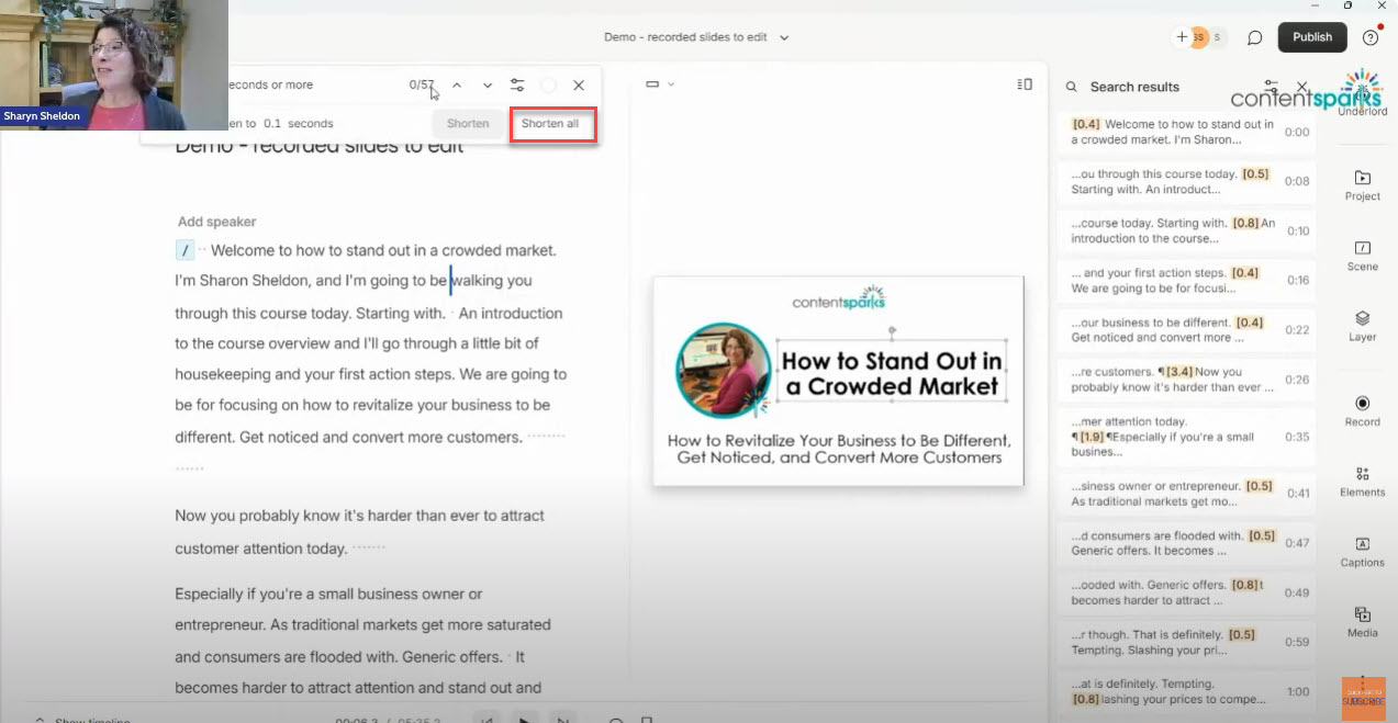 5_DescriptShorten Guide to Descript: How to Quickly Record and Edit Online Course Videos - Step 4 Descript Shorten Gaps