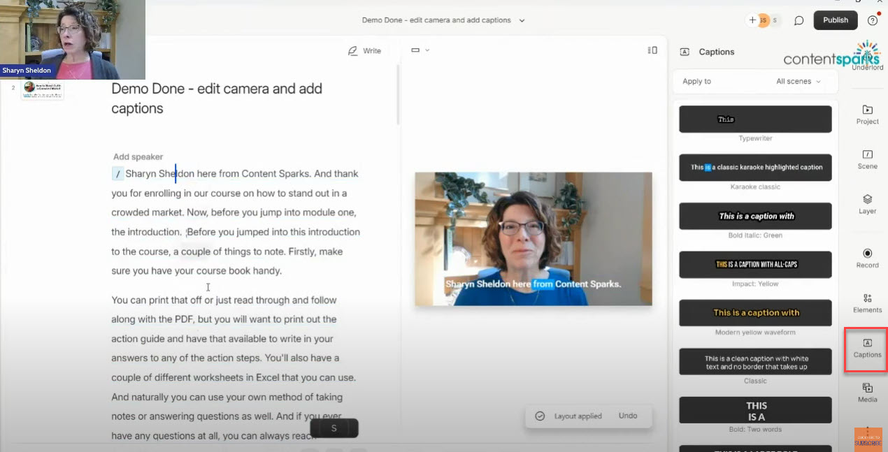 7_Captions Guide to Descript: How to Quickly Record and Edit Online Course Videos - Step 5 Descript captions