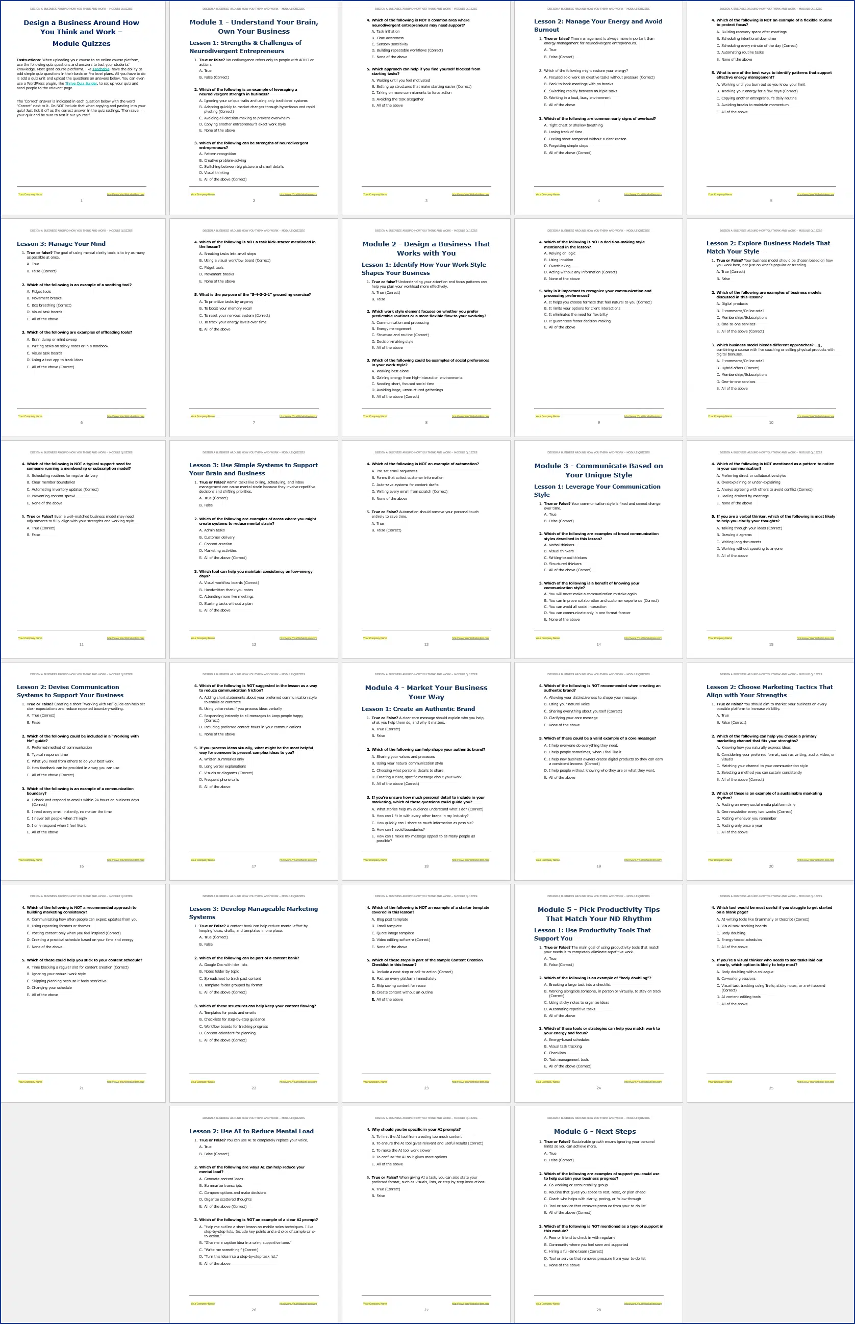 Neurodivergent Entrepreneur PLR Course Quizzes